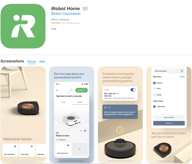 The iRobot Home app is available for download in the App Store.